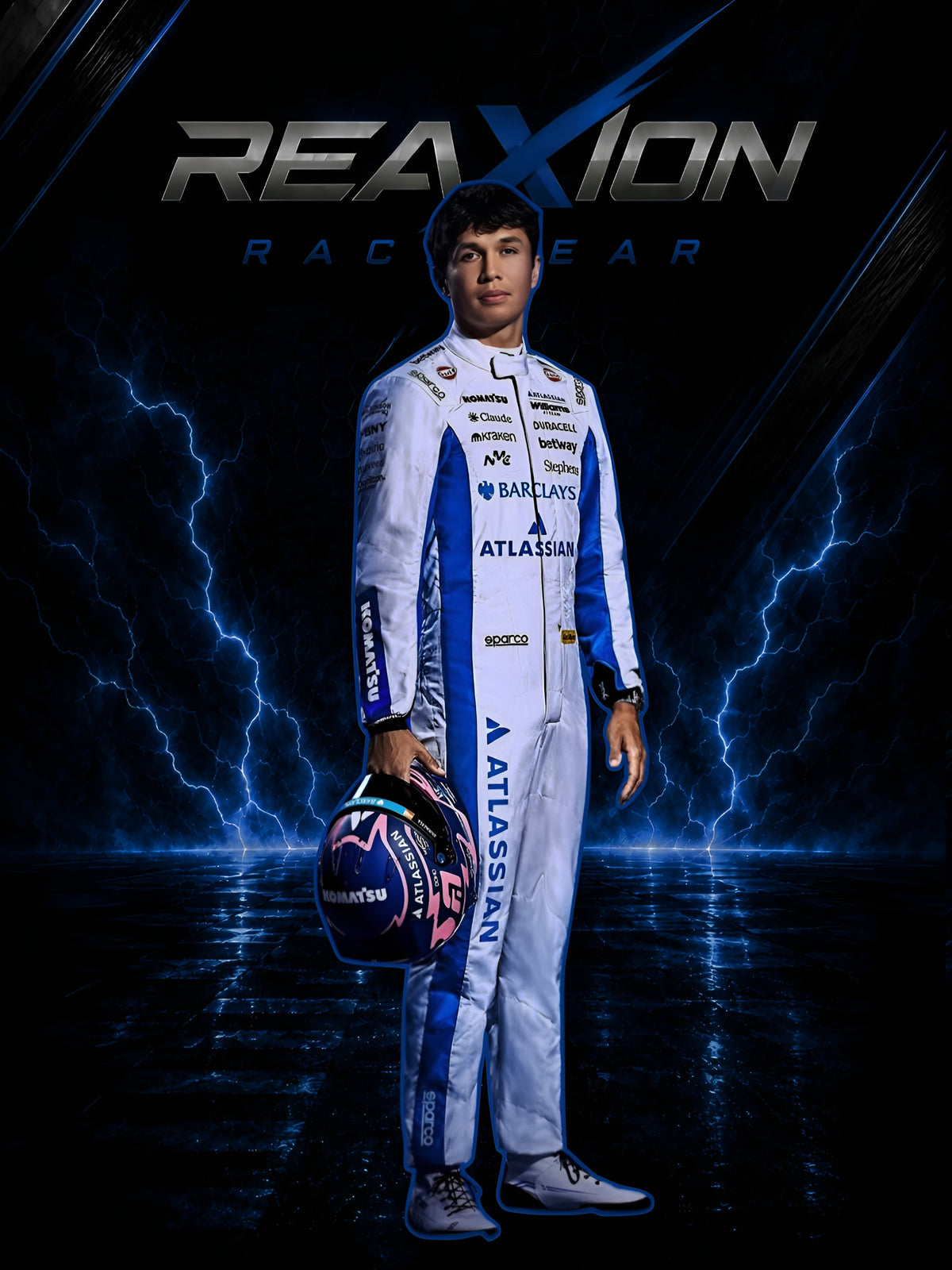 2026 Williams F1 Racing Suit Alexander Albon holding a helmet with 'REAXION RACEGEAR' branding on a dark background with lightning effects.