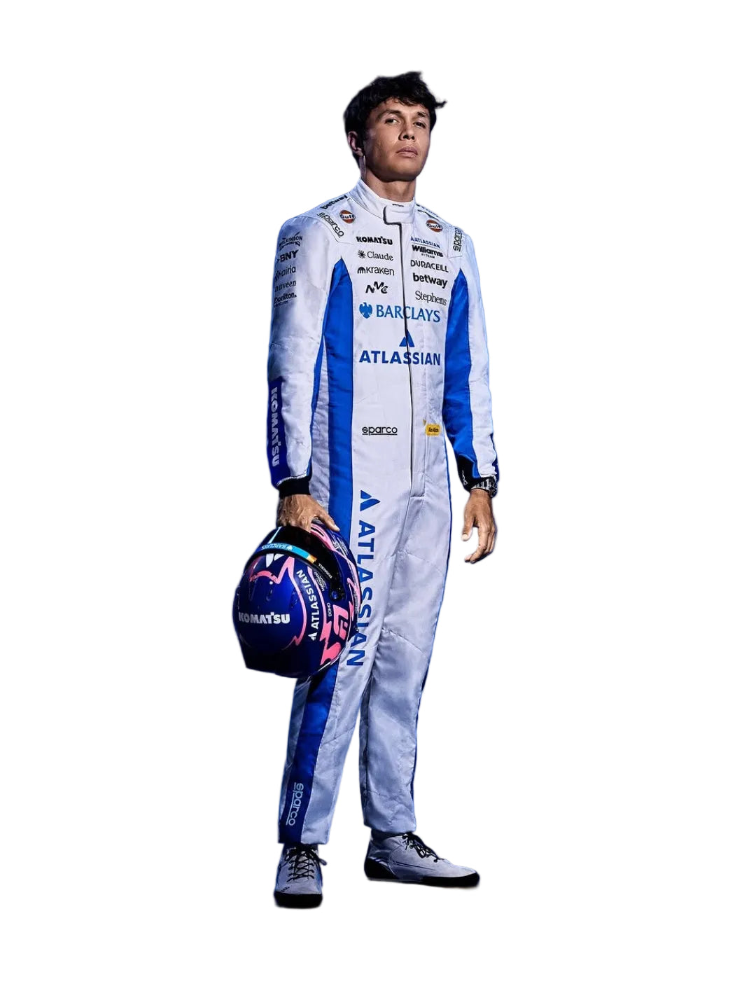 2026 Williams F1 Racing Suit Alexander Albon holding a helmet against a white background