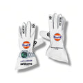 2026 Williams Racing F1 Team Gloves with prominent Gulf logos, featuring a silver watch on the wrist of the left glove, set against a clean white background.