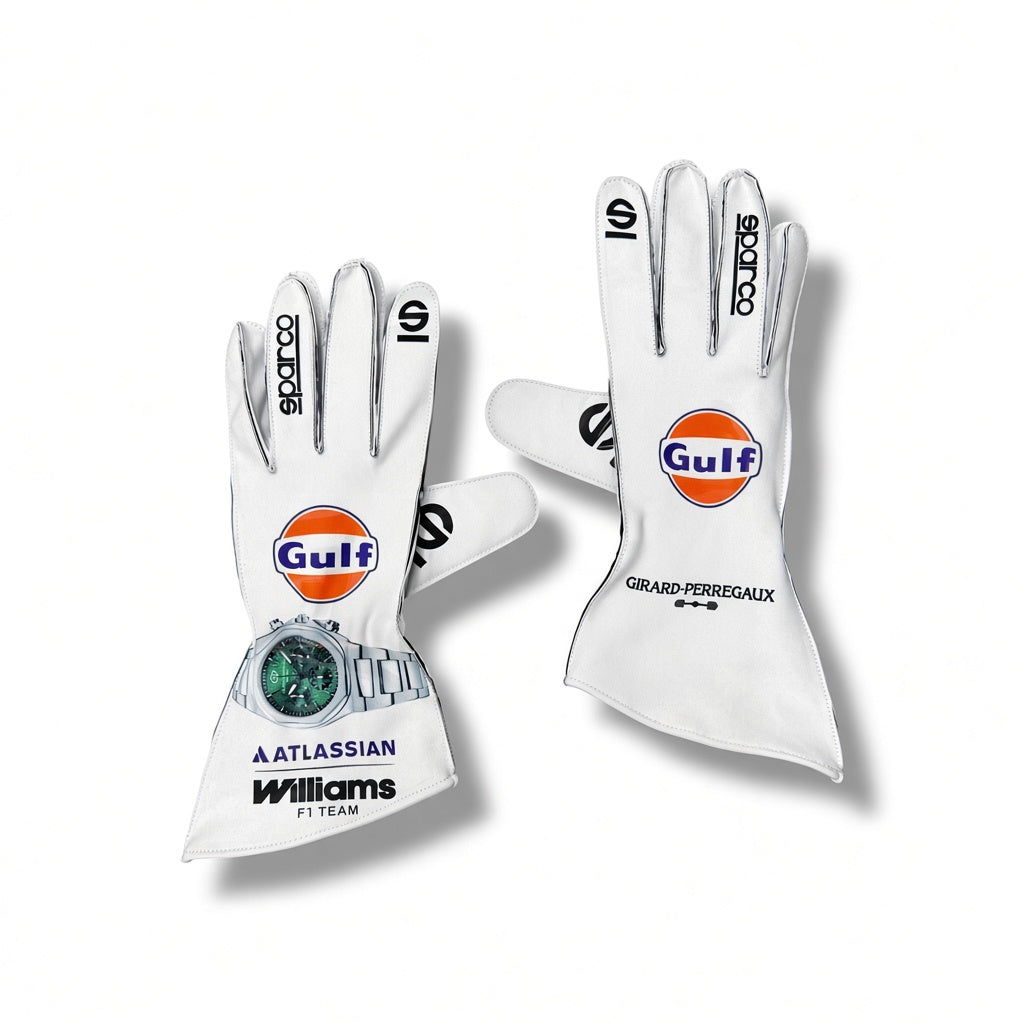 2026 Williams Racing F1 Team Gloves with prominent Gulf logos, featuring a silver watch on the wrist of the left glove, set against a clean white background.