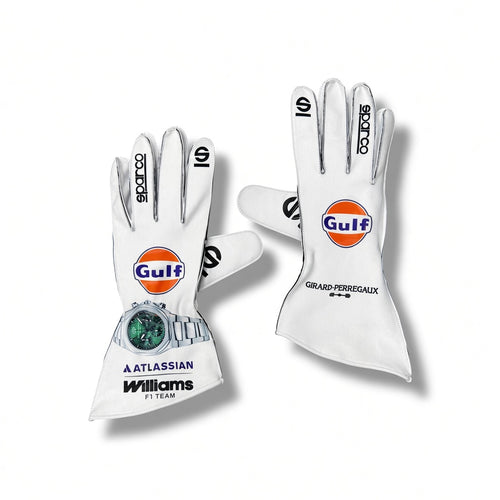 2026 Williams Racing F1 Team Gloves with prominent Gulf logos, featuring a silver watch on the wrist of the left glove, set against a clean white background.