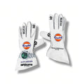 2026 Williams Racing F1 Team Gloves with prominent Gulf logos, featuring a silver watch on the wrist of the left glove, set against a clean white background.