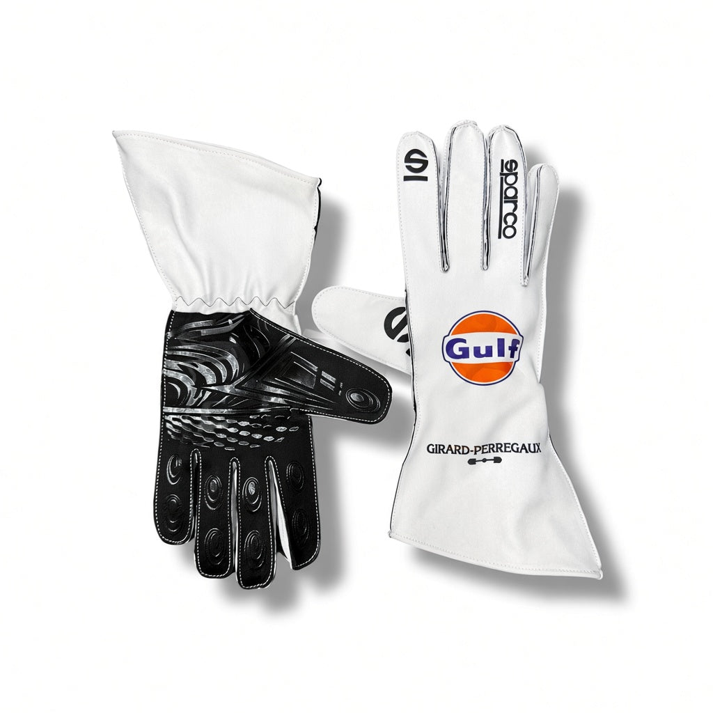 2026 Williams Racing F1 Team Gloves, one showing the back with a black patterned palm and the other showing the white back with the Gulf logo and Sparco branding.