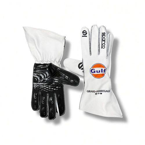 2026 Williams Racing F1 Team Gloves, one showing the back with a black patterned palm and the other showing the white back with the Gulf logo and Sparco branding.
