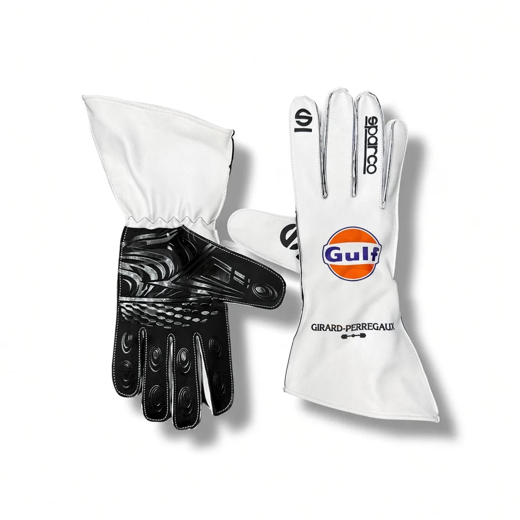 2026 Williams Racing F1 Team Gloves, one showing the back with a black patterned palm and the other showing the white back with the Gulf logo and Sparco branding.