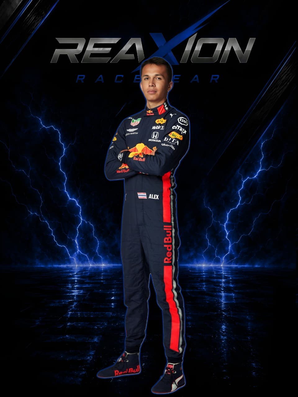 Alexander Albon Red Bull 2019 F1 Racing Suit with visible branding against a dark background with lightning effects