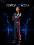 Alexander Albon Red Bull 2019 F1 Racing Suit with visible branding against a dark background with lightning effects