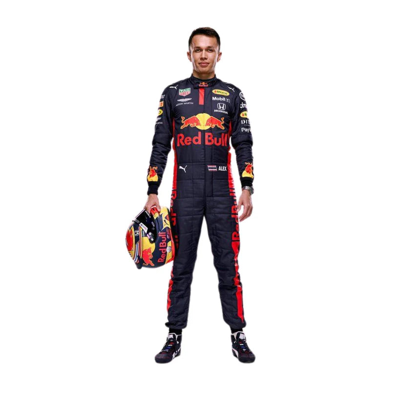 Alexander Albon Red Bull 2019 F1 Racing Suit holding a helmet on a white background