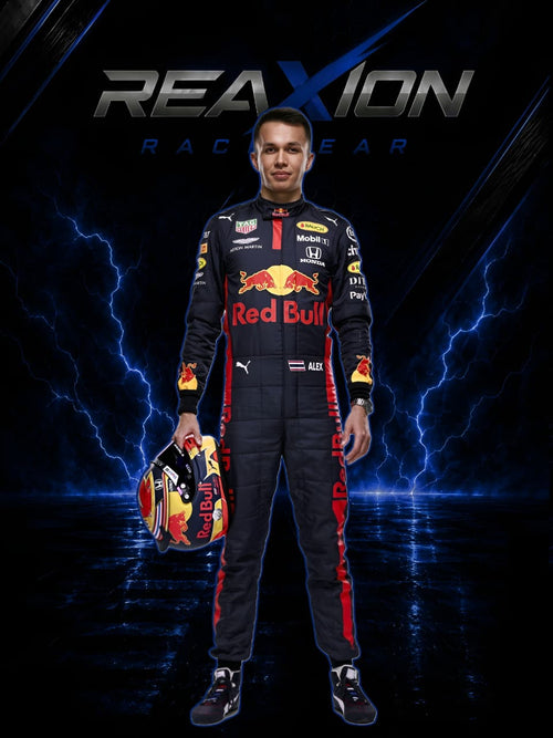 Alexander Albon Red Bull 2020 F1 Racing Suit with helmet on a dark background featuring the REAXION RACE GEAR logo.