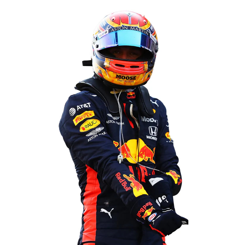 Alexander Albon wearing Red Bull 2020 F1 Racing Suit and helmet with various sponsor logos on a white background