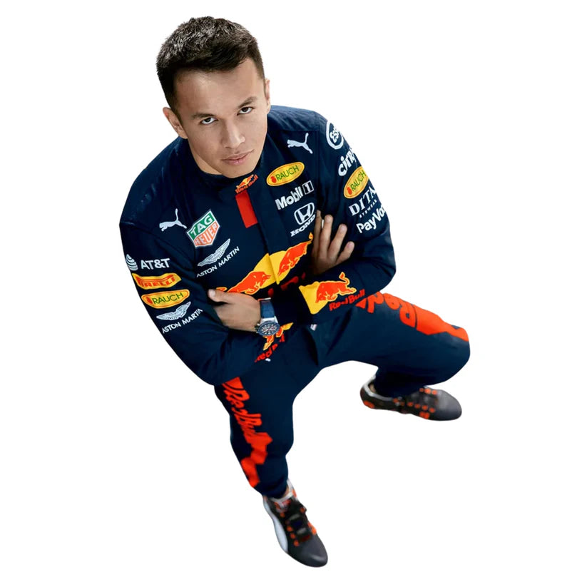 Alexander Albon Red Bull 2020 F1 Racing Suit themed outfit with various sponsor logos on a white background