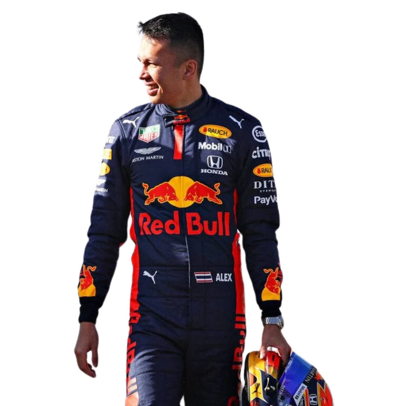 Alexander Albon Red Bull 2020 F1 Racing Suit with various sponsor logos on a white background