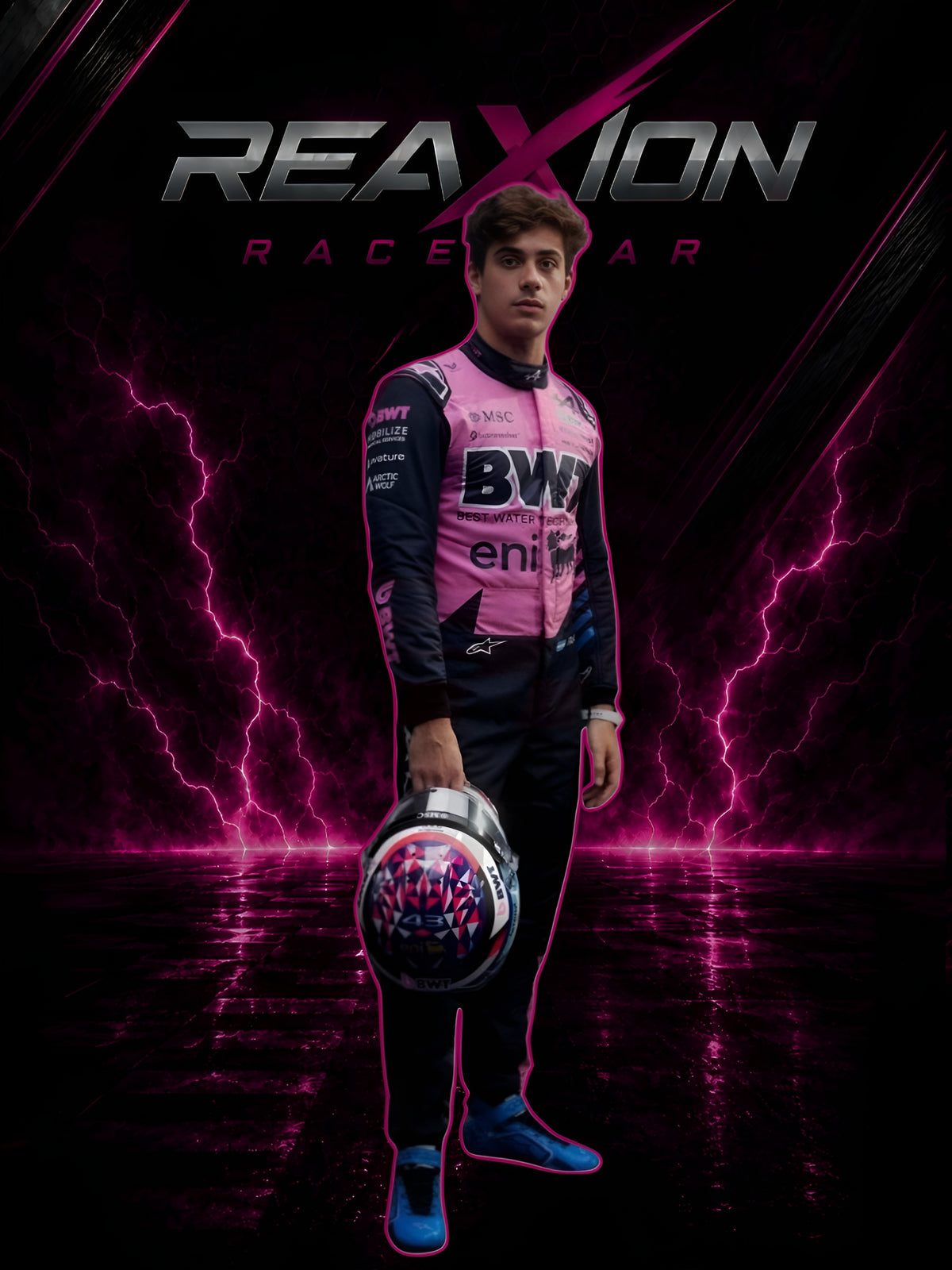 Alpine 2026 F1 Racing Suit Franco Colapinto holding a helmet with 'REAXION RACEGEAR' branding on a dark background with lightning effects.