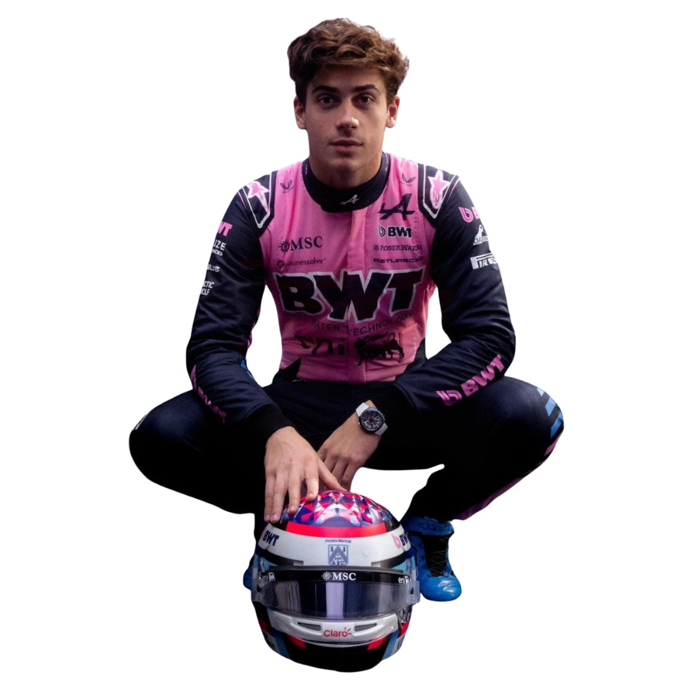 Alpine 2026 F1 Racing Suit Franco Colapinto with a helmet on a white background