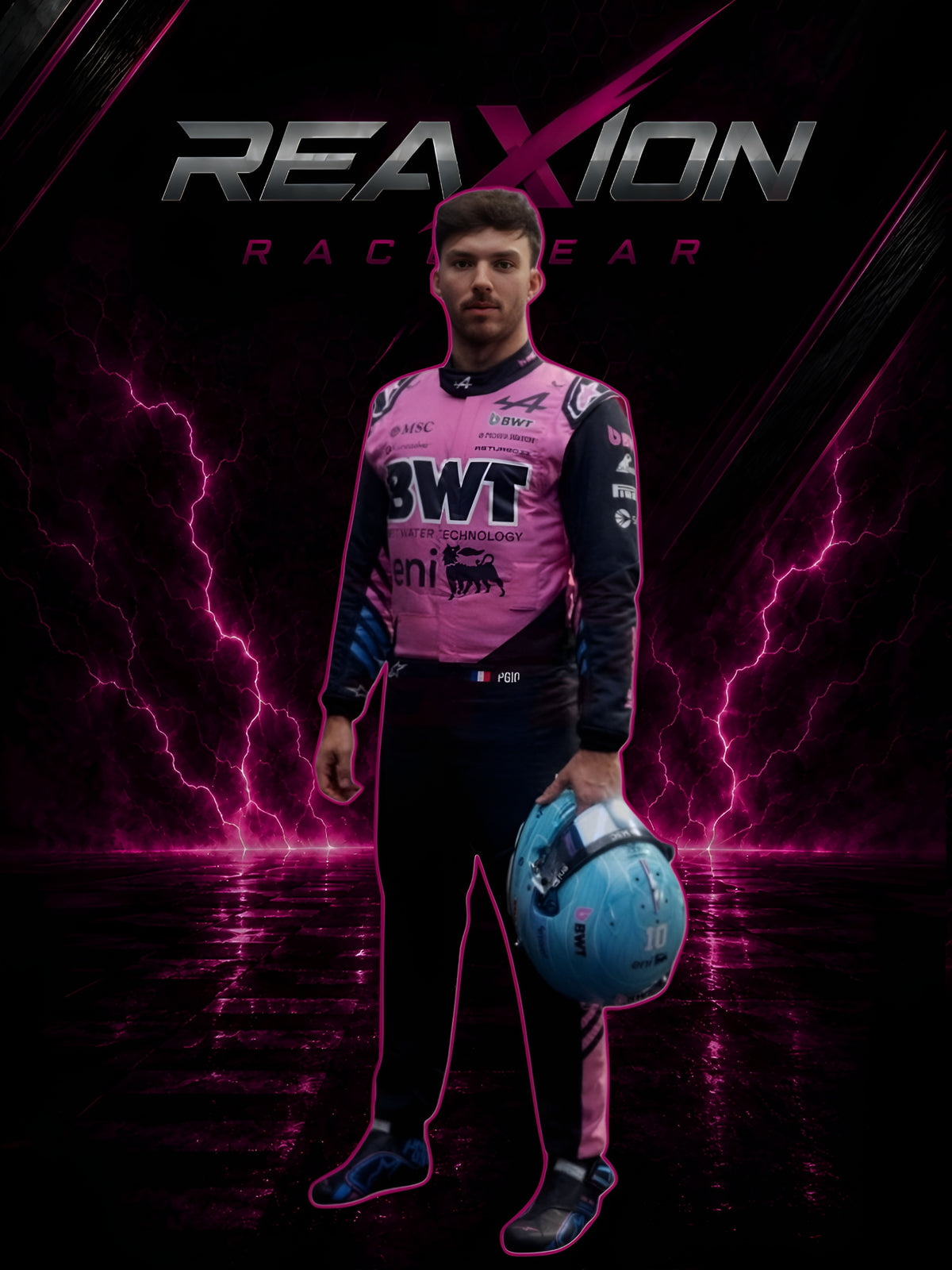 Alpine 2026 F1 Racing Suit Pierre Gasly holding a helmet with 'REAXION RACEGEAR' branding on a dark background with lightning effects.