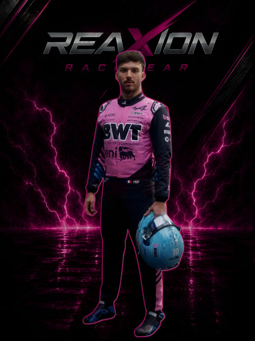 Alpine 2026 F1 Racing Suit Pierre Gasly holding a helmet with 'REAXION RACEGEAR' branding on a dark background with lightning effects.