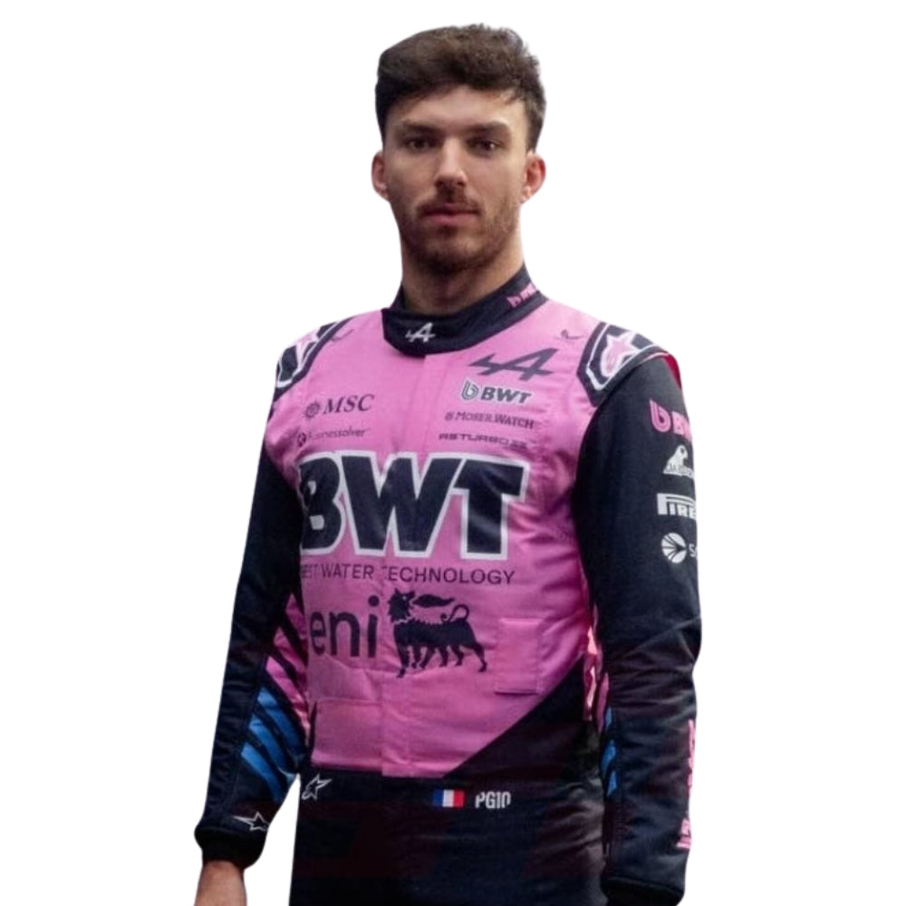 Alpine 2026 F1 Racing Suit Pierre Gasly with various sponsor logos on a white background