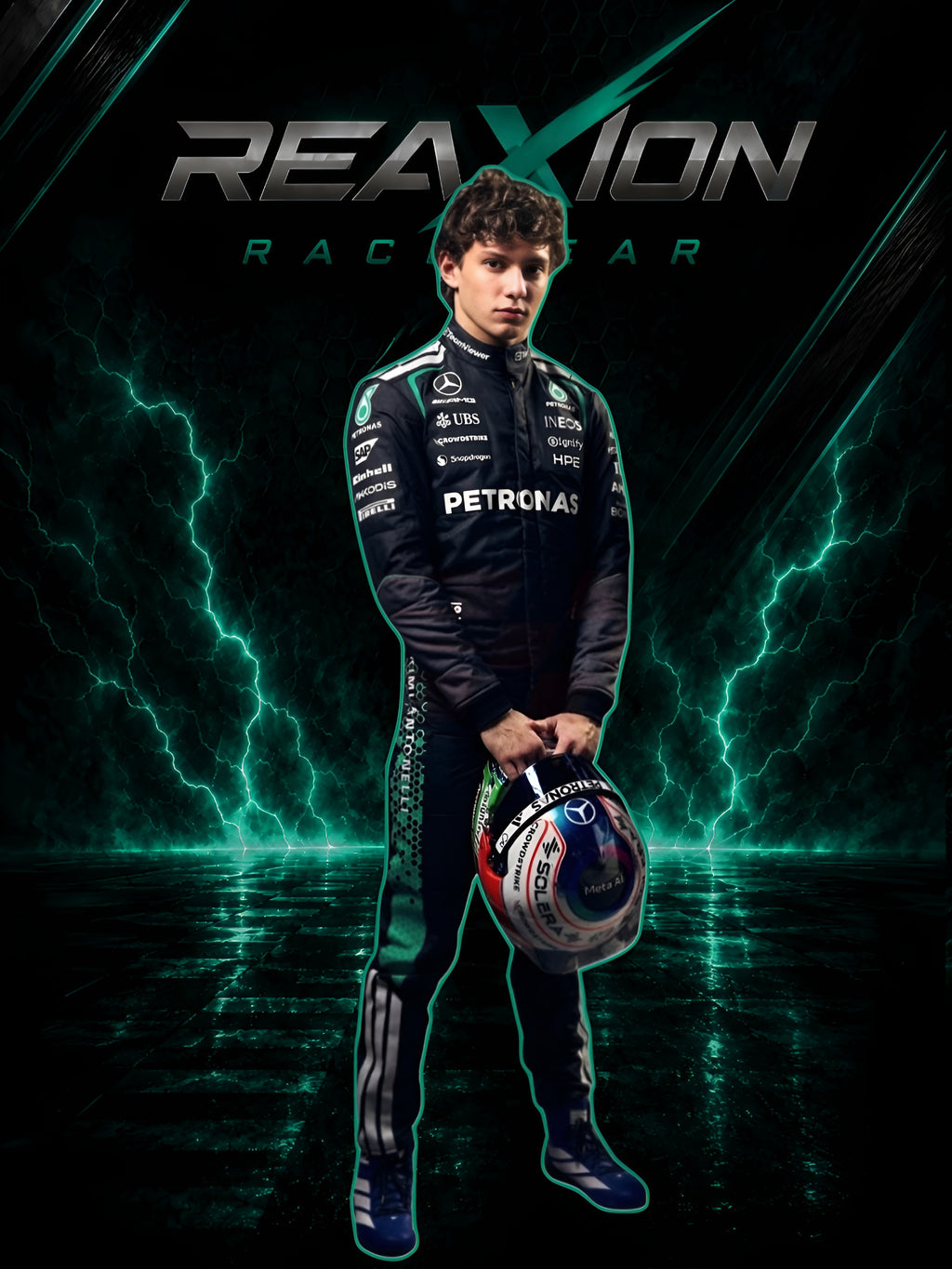 Andrea Kimi Antonelli 2026 Mercedes F1 racing suit full body view holding team helmet