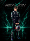 Andrea Kimi Antonelli 2026 Mercedes F1 racing suit full body view holding team helmet