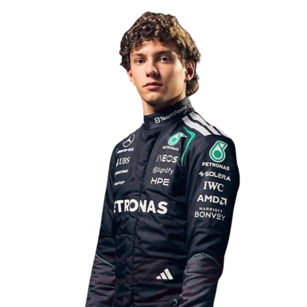 Andrea Kimi Antonelli 2026 Mercedes F1 racing suit upper body portrait with Petronas and sponsor logos