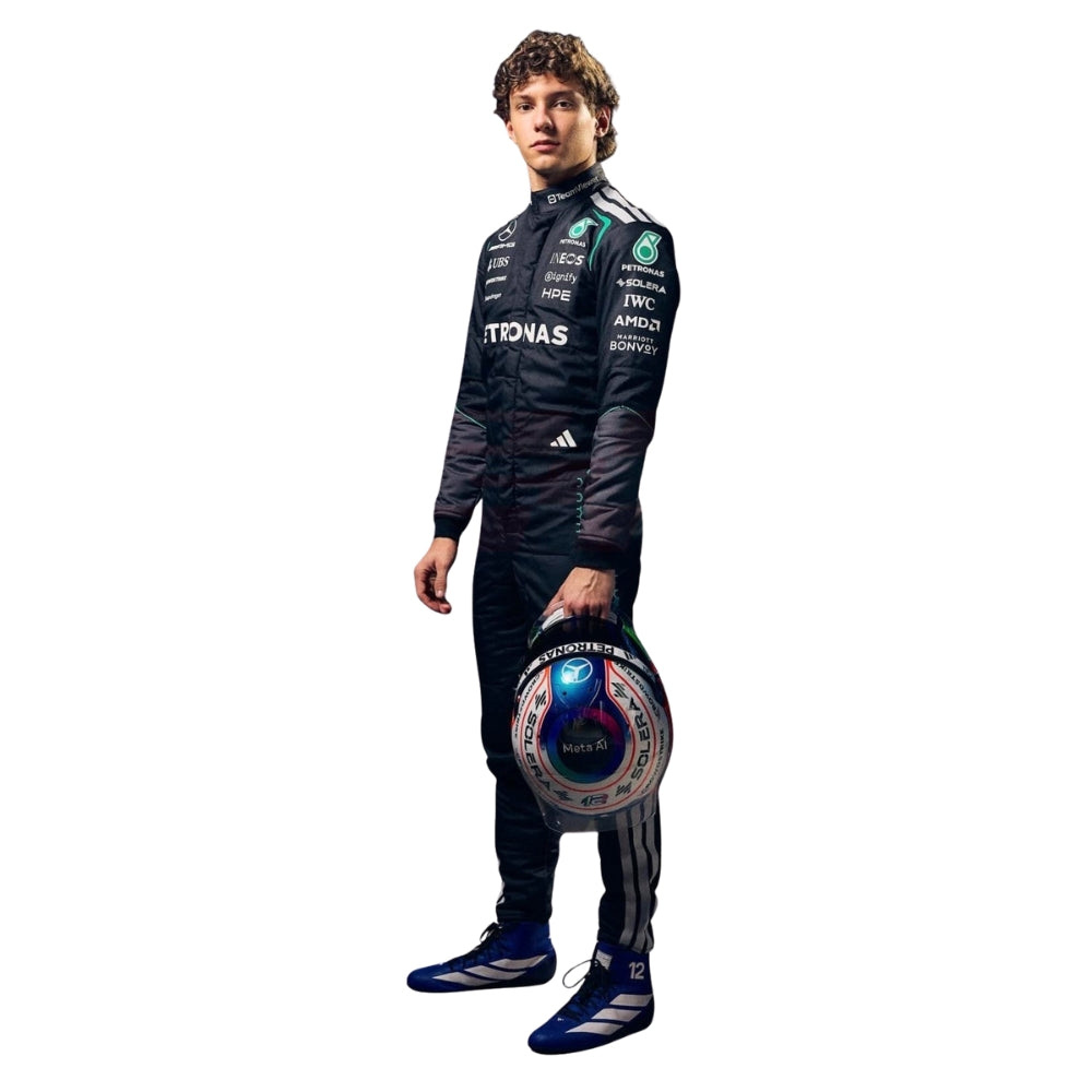 Andrea Kimi Antonelli 2026 Mercedes F1 racing suit full body standing pose with racing helmet