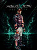 Andrea Kimi Antonelli in Mercedes 2025 Miami GP F1 Racing Suit in a dark studio-style setting holding a helmet, wearing a dark maroon and orange racing suit with white pants and sponsor logos. The background features dramatic green lightning effects and the text 'REAXION RACEGEAR' at the top.