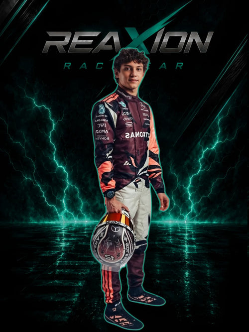 Andrea Kimi Antonelli in Mercedes 2025 Miami GP F1 Racing Suit in a dark studio-style setting holding a helmet, wearing a dark maroon and orange racing suit with white pants and sponsor logos. The background features dramatic green lightning effects and the text 'REAXION RACEGEAR' at the top.