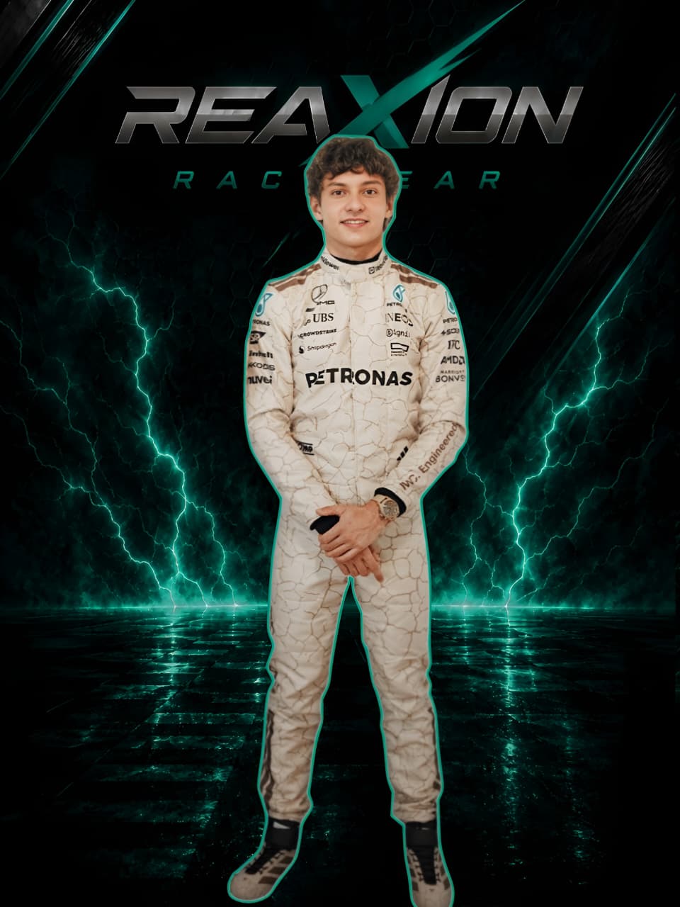 Andrea Kimi Antonelli in Mercedes 2025 USA Austin GP F1 Racing Suit stands centered against a dark dramatic backdrop with teal lightning effects and the large text 'REAXION RACEGEAR' at the top.