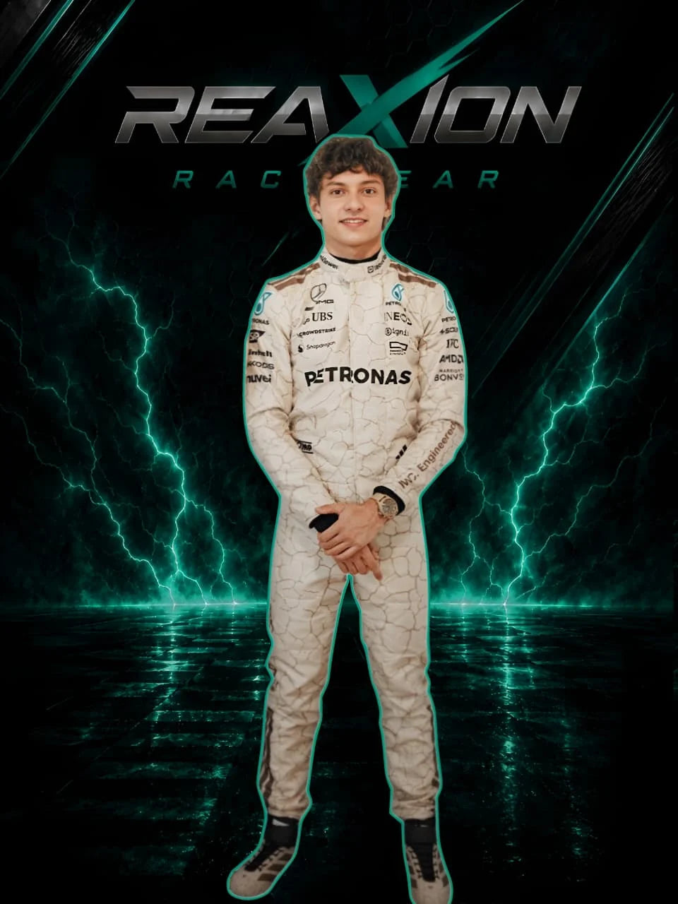 Andrea Kimi Antonelli in Mercedes 2025 USA Austin GP F1 Racing Suit stands centered against a dark dramatic backdrop with teal lightning effects and the large text 'REAXION RACEGEAR' at the top.