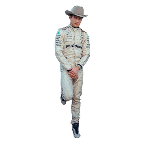 Andrea Kimi Antonelli in Mercedes 2025 USA Austin GP F1 Racing Suit with visible branding on a white background