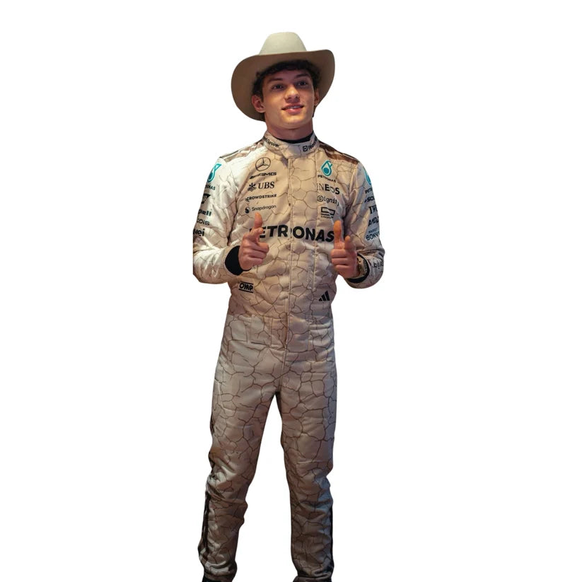 Andrea Kimi Antonelli in Mercedes 2025 USA Austin GP F1 Racing Suit with visible branding on a white background