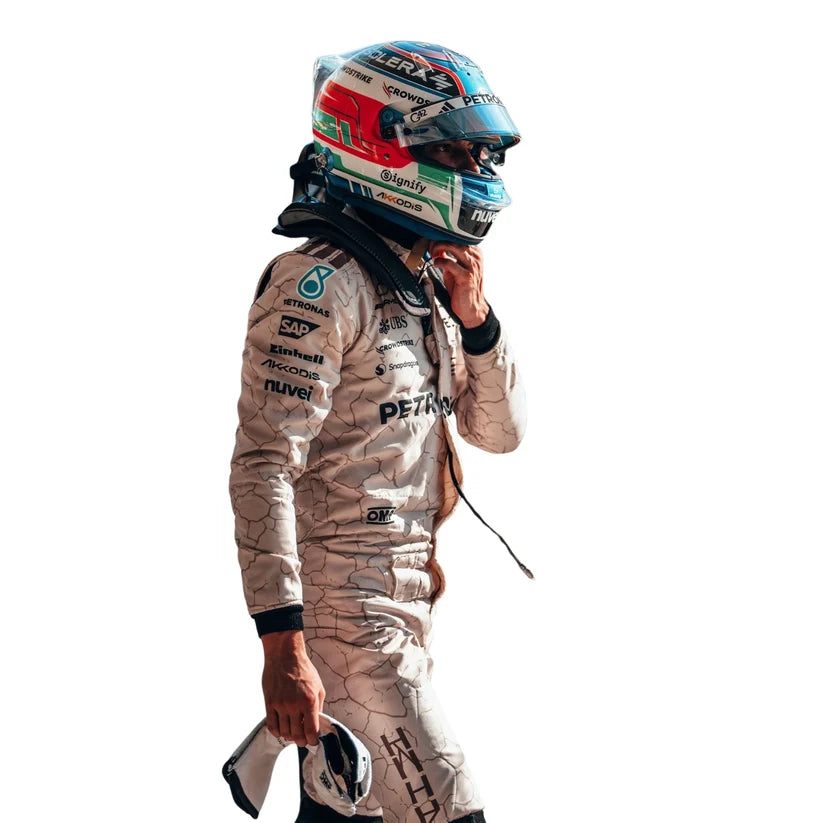 Andrea Kimi Antonelli in Mercedes 2025 USA Austin GP F1 Racing Suit and helmet on a white background