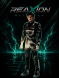 Andrea Kimi Antonelli in Mercedes 2026 Japanese GP F1 Racing Suit stands centered against a dramatic black background with glowing teal lightning effects and the large text 'REAXION RACEGEAR' at the top.