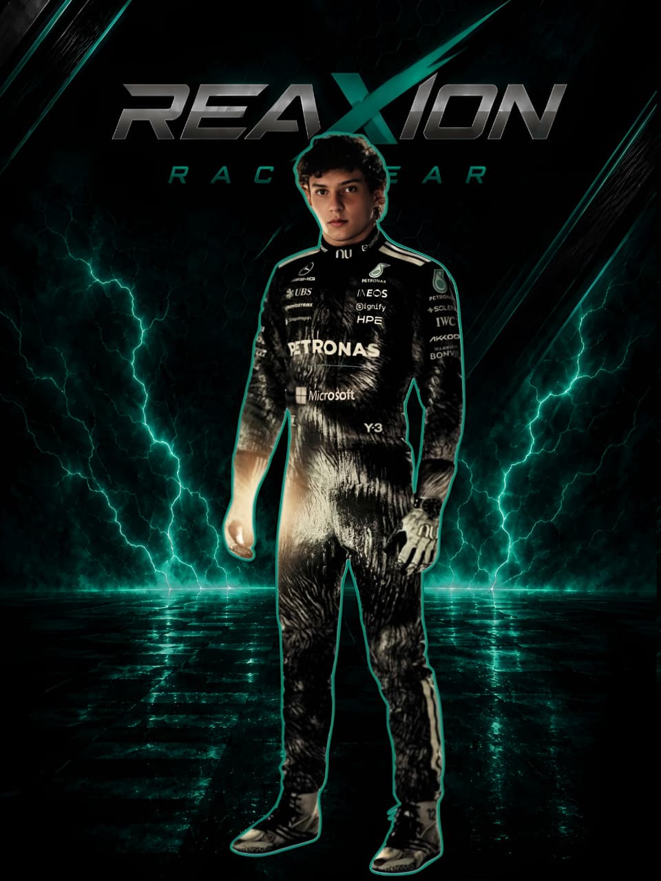 Andrea Kimi Antonelli in Mercedes 2026 Japanese GP F1 Racing Suit stands centered against a dramatic black background with glowing teal lightning effects and the large text 'REAXION RACEGEAR' at the top.