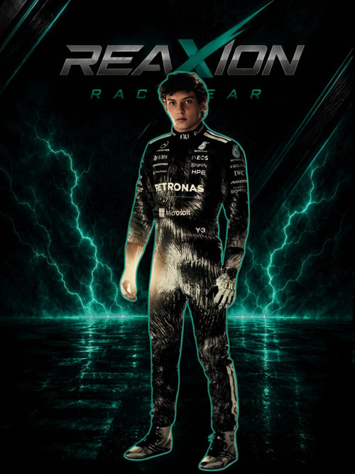 Andrea Kimi Antonelli in Mercedes 2026 Japanese GP F1 Racing Suit stands centered against a dramatic black background with glowing teal lightning effects and the large text 'REAXION RACEGEAR' at the top.