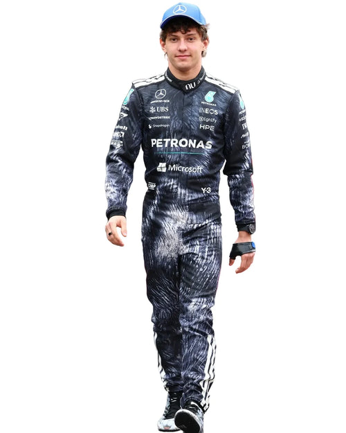 Andrea Kimi Antonelli in Mercedes 2026 Japanese GP F1 Racing Suit with various sponsor logos on a white background