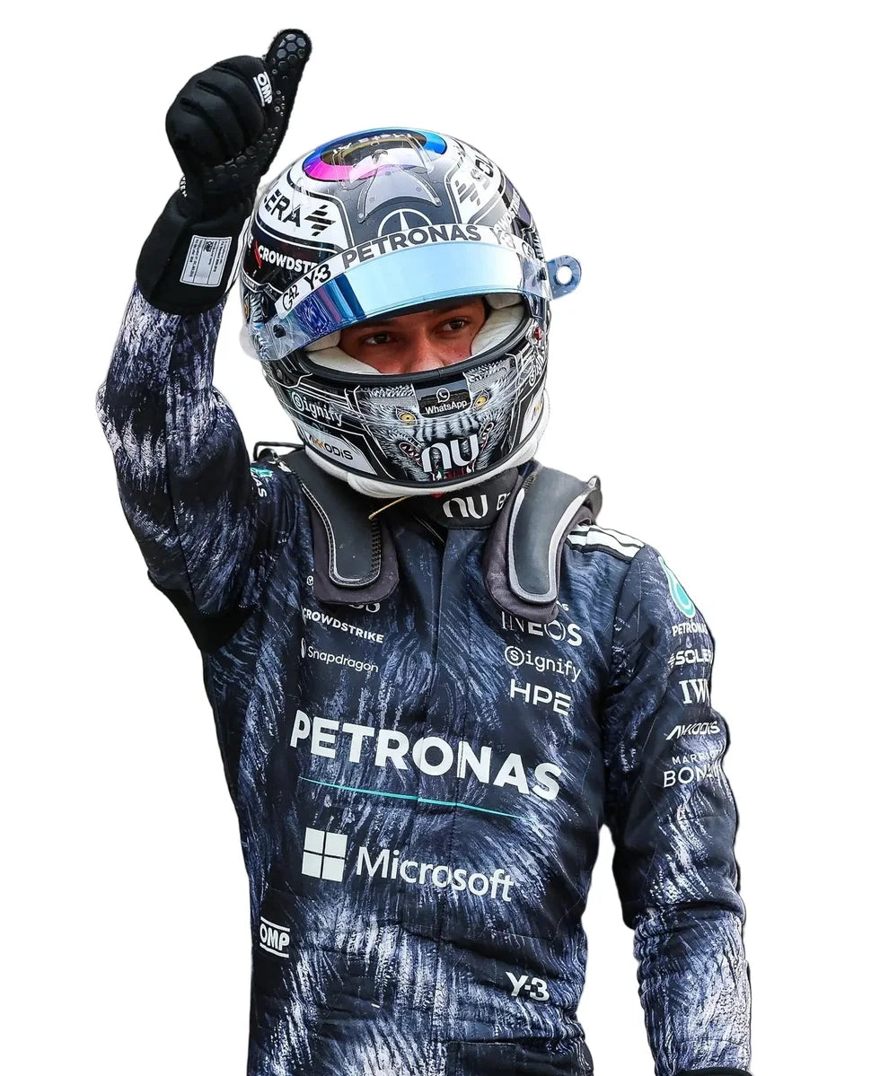 Andrea Kimi Antonelli in Mercedes 2026 Japanese GP F1 Racing Suit with Petronas and Microsoft logos, giving a thumbs-up gesture.