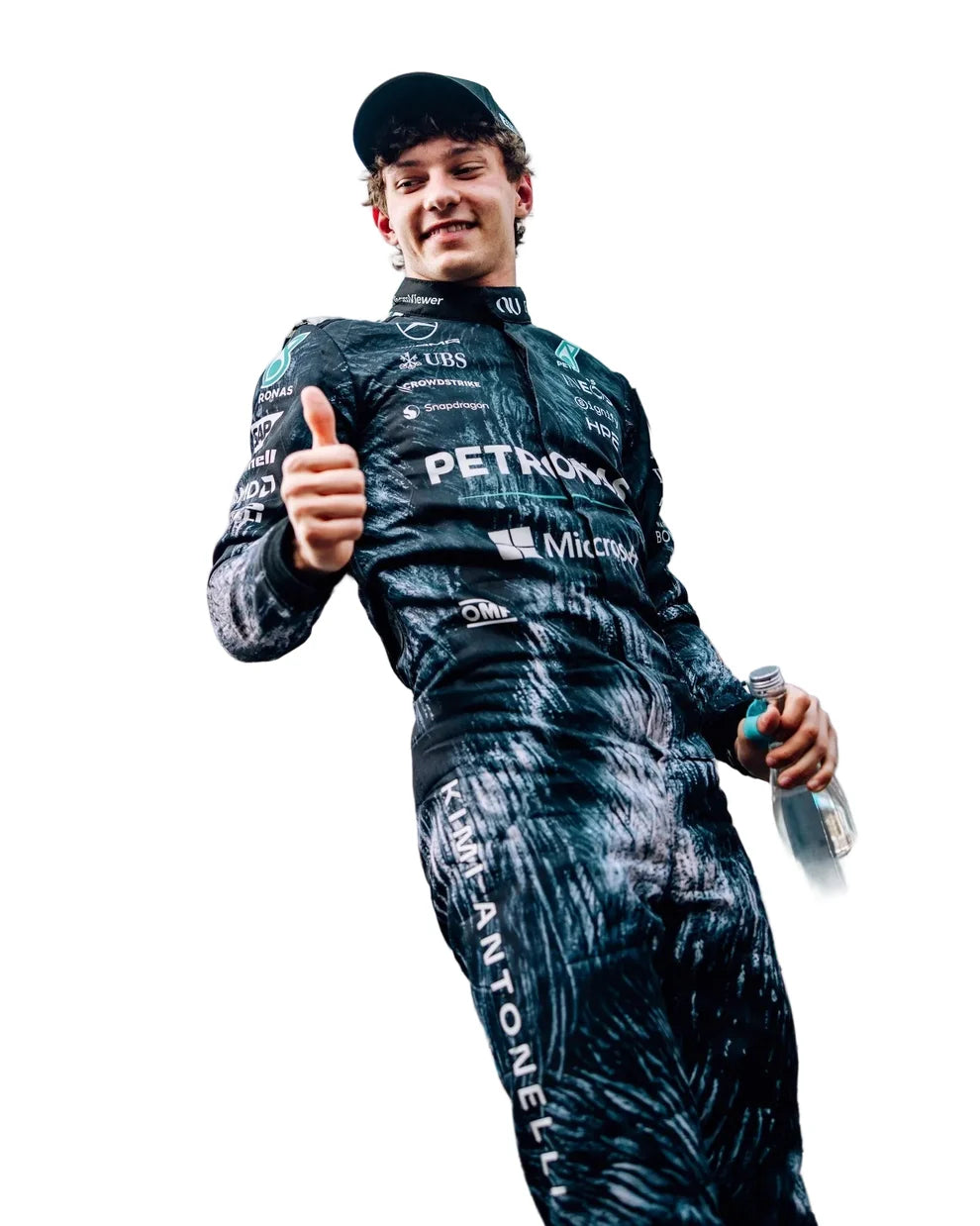 Andrea Kimi Antonelli in Mercedes 2026 Japanese GP F1 Racing Suit giving a thumbs-up gesture on a white background
