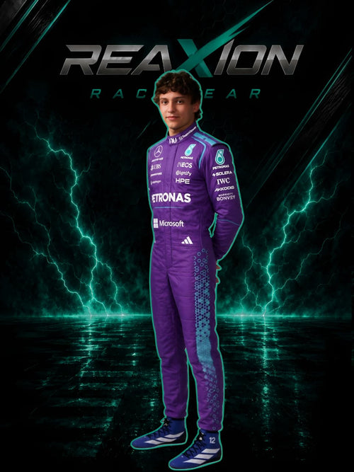 Andrea Kimi Antonelli in Mercedes 2026 Miami GP F1 Racing Suit with sponsor logos stands against a dark background with teal lightning effects and the large text 'REAXION RACEGEAR' at the top.