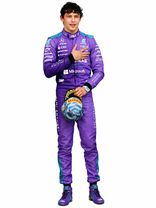 Andrea Kimi Antonelli in Mercedes 2026 Miami GP F1 Racing Suit with a helmet on a white background