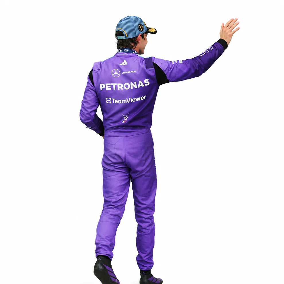 Andrea Kimi Antonelli in Mercedes 2026 Miami GP F1 Racing Suit with visible branding on a white background