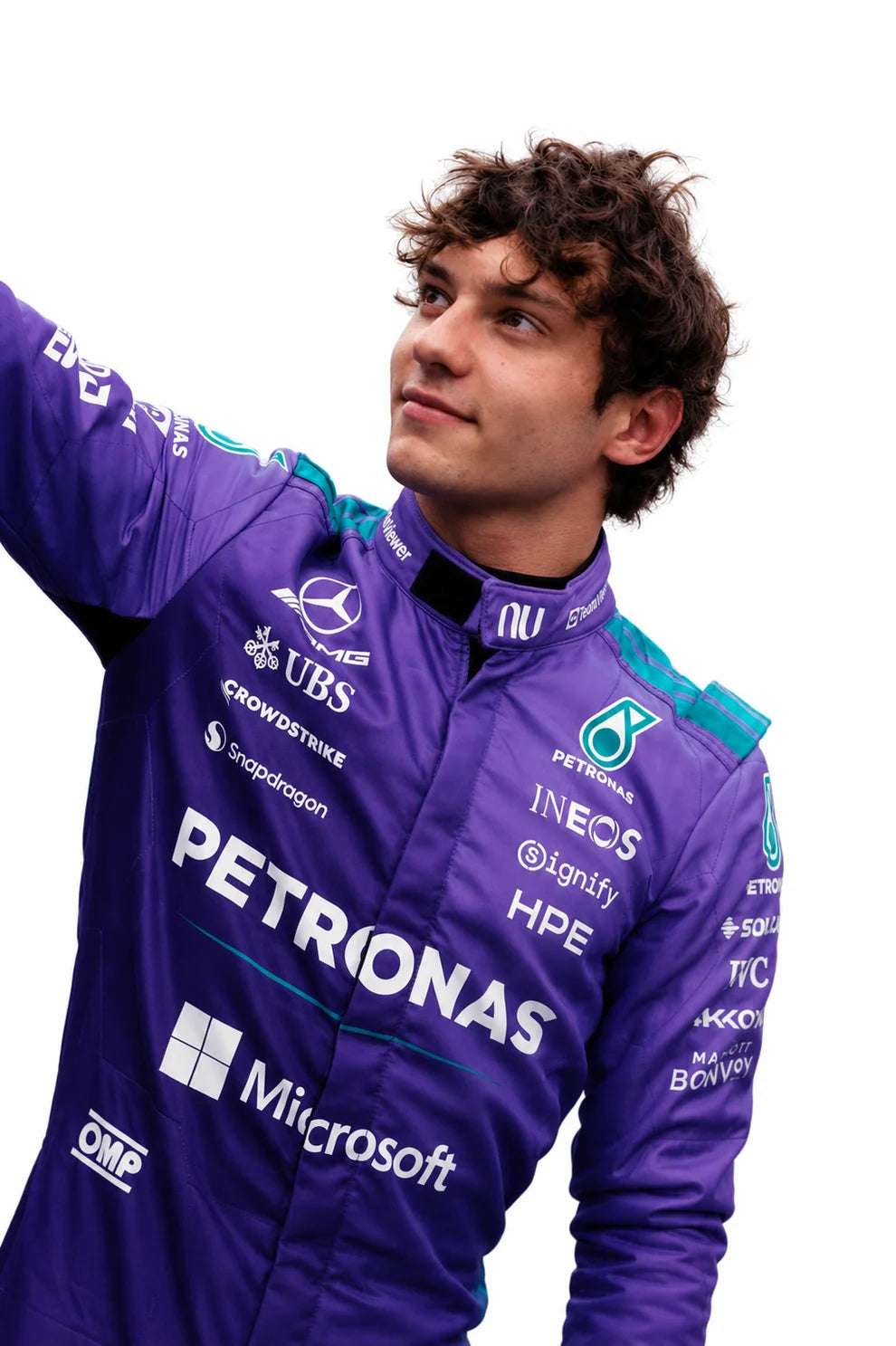 Andrea Kimi Antonelli in Mercedes 2026 Miami GP F1 Racing Suit with various sponsor logos on a white background