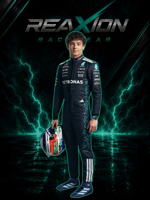 Andrea kimi Antonelli in Mercedes 2025 F1 Racing Suit stands against a dark dramatic backdrop with teal lightning effects and the large text 'REAXION RACEGEAR.' The person is holding a racing helmet.