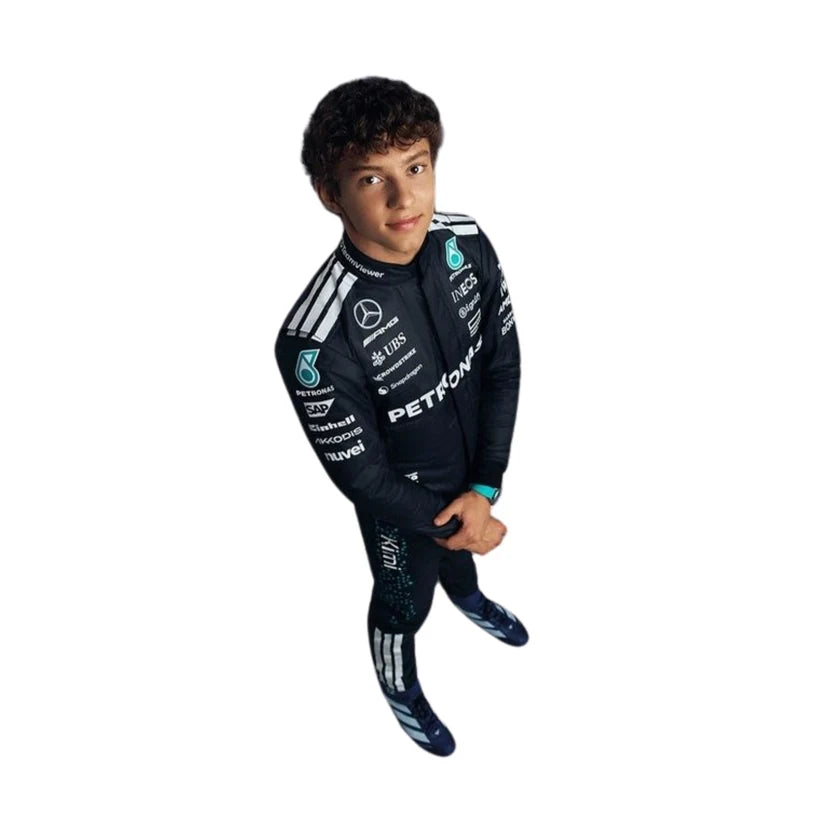 Andrea kimi Antonelli in Mercedes 2025 F1 Racing Suit with various logos on a white background