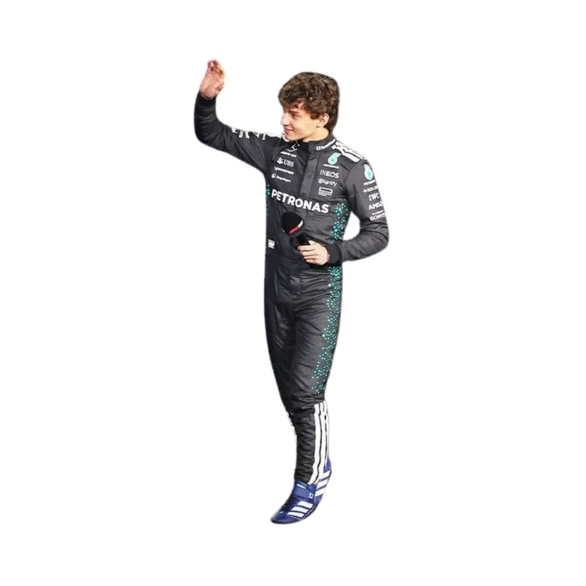 Andrea kimi Antonelli in Mercedes 2025 F1 Racing Suit with Petronas branding on a white background