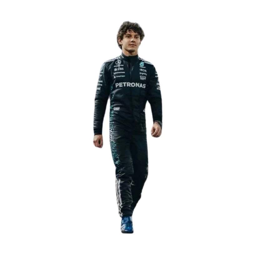 Andrea kimi Antonelli in Mercedes 2025 F1 Racing Suit with 'Petronas' branding on a white background