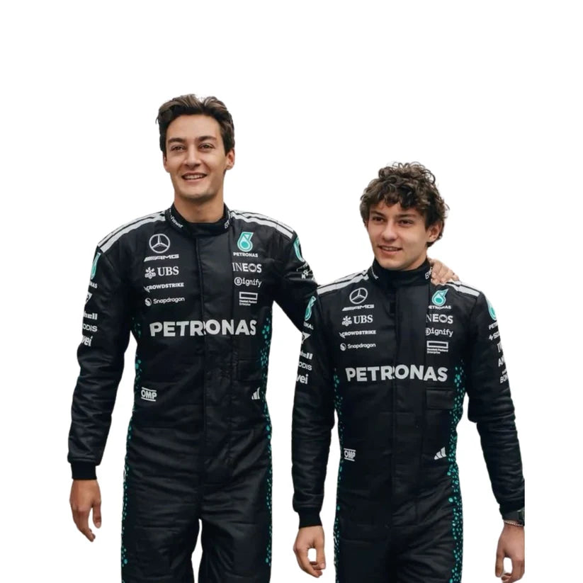Two individuals wearing black racing suits with Petronas and Mercedes-Benz logos on a white background.