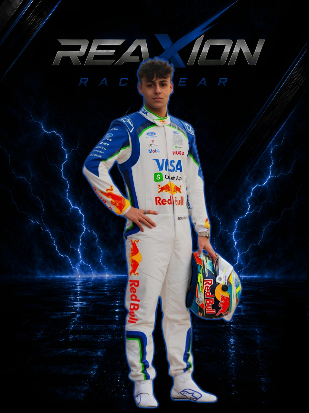 Arvid Lindblad 2026 RB F1 racing suit full body portrait holding helmet with team branding