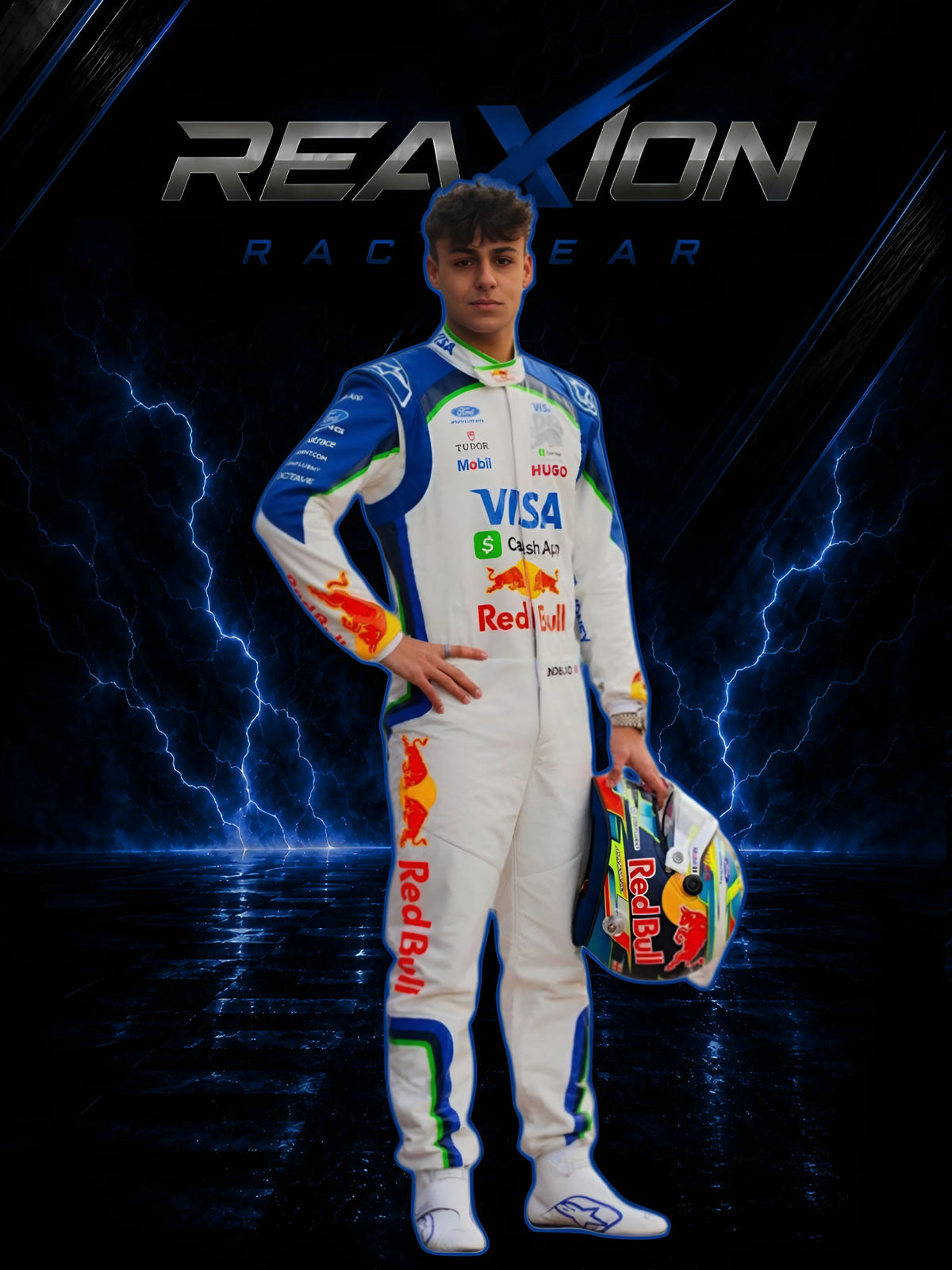Arvid Lindblad 2026 RB F1 racing suit full body portrait holding helmet with team branding