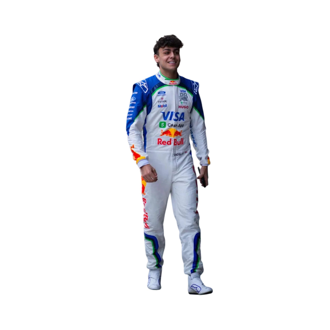 Arvid Lindblad 2026 RB F1 racing suit full body standing pose with Visa Cash App RB branding